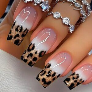 Leopard Press on Nails Gold Glitter Fake Nails Medium Square False Nails NEW